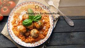  Presentation with classic homemade tomato sauce - Presentation having meat balls with lentil and tomato sauce wooden spoon on wooden background background and a coral colored foreground