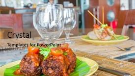  Presentation with palm tree - Audience pleasing presentation design consisting of meat balls with tomato served on palm tree leaf backdrop and a coral colored foreground