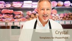  Presentation with butcher - Amazing presentation having meat butcher - shopkeeper smiling in a grocery backdrop and a  colored foreground