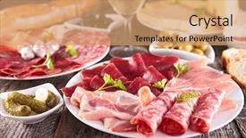  Presentation with wine cheese - PPT layouts having meat cheese and wine background and a coral colored foreground