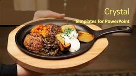  Presentation with server - Presentation theme enhanced with meat dish - schnitzels fried potato and garnish server on hot pan background and a tawny brown colored foreground