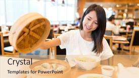  Presentation with dumpling - Amazing PPT layouts having meat dumpling in chinese restaurant backdrop and a coral colored foreground