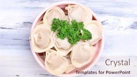  Presentation with russian - Presentation enhanced with meat dumplings - russian boiled pelmeni on wooden table background and a lemonade colored foreground