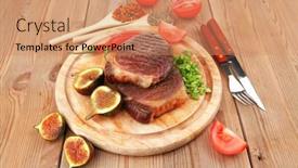  Presentation with cutlery - Colorful slides enhanced with meat entree grilled beef steak served with red hot cayenne peppers green stuff sweet figs and cutlery on wood plate over wooden table backdrop and a coral colored foreground