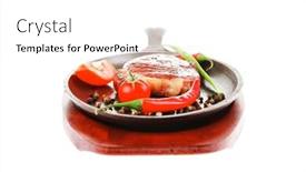  Presentation with hot metal - Cool new slide deck with meat entree grilled beef steak served with hot cayenne peppers red tomato green chives on metal pan isolated over white background backdrop and a white colored foreground