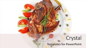  Presentation with gmo free meat - Presentation design with meat fillet ready on china background and a  colored foreground