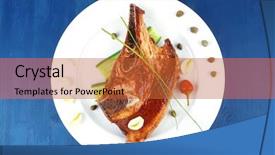  Presentation with fresh fruits and leafy greens dairy meat - Slide deck having meat fillet ready on china background and a  colored foreground