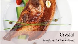  Presentation with fresh fruits and leafy greens dairy meat - PPT theme with meat fillet ready on china background and a soft green colored foreground