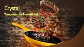  Presentation with meat beef - Beautiful PPT theme featuring meat flying from a pan backdrop and a tawny brown colored foreground