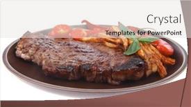  Presentation with food grill - Cool new PPT theme with meat food big grill beef steak on dark plate with red hot chili pepper and raw cherry tomato isolated on white background backdrop and a sky blue colored foreground
