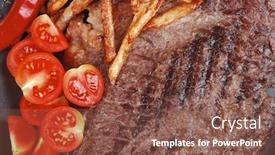  Presentation with food grill - Slide deck consisting of meat food big grill beef steak on dark plate with red hot chili pepper and raw cherry tomato isolated on white background background and a tawny brown colored foreground
