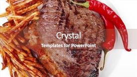  Presentation with food potato chips - PPT layouts with meat food grill beef steak with potato chips and dry red hot chili peppers on white round plate isolated on white background background and a tawny brown colored foreground