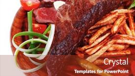  Presentation with wood chips - Theme enhanced with meat food grill beef on potato chips with fresh tomato and hot green peppers on wood plate isolated on white background background and a tawny brown colored foreground