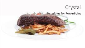  Presentation with food potato chips - Amazing presentation theme having meat food grill beef on potato chips with fresh tomato and hot green peppers isolated on white background backdrop and a white colored foreground