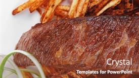  Presentation with food potato chips - Beautiful presentation theme featuring meat food grill beef on potato chips with fresh tomato and hot green peppers isolated on white background backdrop and a tawny brown colored foreground