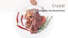 Presentation with meat food - Beautiful presentation featuring meat food grilled beef steak served on white plate with red thin chili pepper and spices isolated over white background backdrop and a sky blue colored foreground