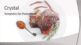  Presentation with meat food - Theme with grilled beef steak on white background and a sky blue colored foreground