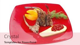  Presentation with mango fruit - PPT theme consisting of meat food grilled lamb ribs served with mango fruit and filled avocado on red dish background and a coral colored foreground