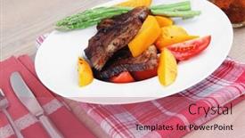  Presentation with roast beef - Presentation design featuring meat food rare medium roast beef fillet with mango tomatoes and asparagus served on white dish on red table map over wooden table background and a coral colored foreground