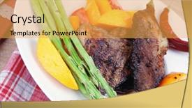  Presentation with roast beef - Cool new theme with meat food rare medium roast beef fillet with mango tomatoes and asparagus served on white dish on red table map over wooden table backdrop and a yellow colored foreground