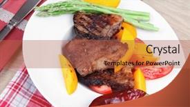  Presentation with meat food - Slide set enhanced with meat food rare medium roast beef fillet with mango tomatoes and asparagus served on white dish on red table map over wooden table background and a red colored foreground