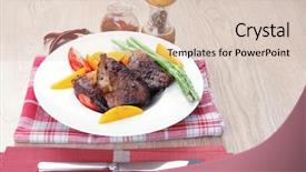  Presentation with meat food - Colorful theme enhanced with meat food rare medium roast beef fillet with mango tomatoes and asparagus served on white dish on red table map over wooden table backdrop and a lemonade colored foreground