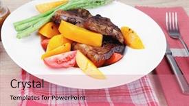  Presentation with meat food - Slide deck having meat food rare medium roast beef fillet with mango tomatoes and asparagus served on white dish on red table map over wooden table background and a coral colored foreground