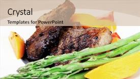  Presentation with meat food - Cool new PPT theme with meat food rare medium roast beef fillet with mango tomatoes and asparagus served on white dish over wooden table backdrop and a soft green colored foreground