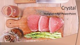  Presentation with color powder - Presentation design enhanced with meat food raw beef fillet on cutting board with asparagus and thyme bundle with color peppercorn mix and red paprika powder mixed with dry spices ready to cooking background and a coral colored foreground