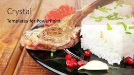  Presentation with meat food - PPT theme featuring meat food ribs on black with rice garnish and tomatoes on black on wood background and a coral colored foreground