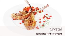  Presentation with meat food - Theme consisting of meat food ribs on white plate with rice garnish and tomatoes over white background background and a lemonade colored foreground