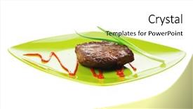  Presentation with roast beef - Presentation theme enhanced with meat food roast beef fillet mignon served on green plate with chives and ketchup isolated over white background background and a white colored foreground