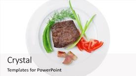  Presentation with roast beef - Amazing presentation design having meat food roast beef fillet mignon served on white plate with apples dill and tomatoes isolated over white background backdrop and a lemonade colored foreground