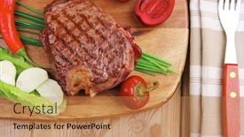  Presentation with cutlery food - Colorful presentation theme enhanced with meat food roast beef garnished with green staff and red chili hot pepper on wooden table with cutlery backdrop and a coral colored foreground