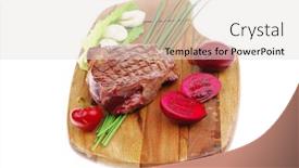  Presentation with meat food - Theme with meat food roast beef garnished with green lettuce and red chili hot pepper on wooden plate isolated over white background background and a light gray colored foreground