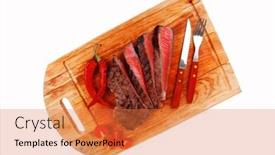  Presentation with roast beef - Slide deck with meat food roast beef steak on wood plate isolate on white background background and a coral colored foreground