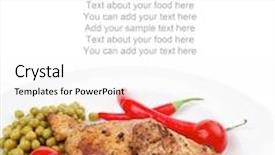  Presentation with food chicken - Audience pleasing slide set consisting of meat food roast chicken garnished with green onion and red chili hot pepper on white plate isolated over white background backdrop and a white colored foreground