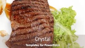  Presentation with meat food - Presentation theme enhanced with meat food roast steak boneless with roast onion served on green lettuce salad on dish isolated over white background background and a tawny brown colored foreground