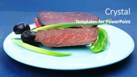  Presentation with blue food - Slides featuring meat food roasted fillet mignon on blue plate with pepper tomatoes and black greek olives over blue wooden table background and a teal colored foreground