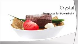  Presentation with meat food - Theme featuring meat food roasted fillet mignon on bread in white bowl garnished with tomatoes salad isolated over white background background and a white colored foreground