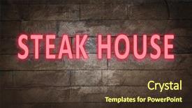  Presentation with steak - Audience pleasing slides consisting of meat food template - text steak house on wooden backdrop and a tawny brown colored foreground