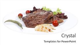  Presentation with meat food - Colorful PPT theme enhanced with meat food two grilled steak backdrop and a white colored foreground