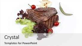  Presentation with meat food - Audience pleasing PPT layouts consisting of meat food two grilled steak with chili and red peppers green lettuce salad on dish isolated over white background backdrop and a light gray colored foreground