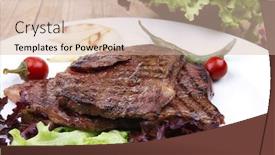  Presentation with meat food - Amazing presentation theme having meat food two grilled steak on green lettuce salad with roast onion and red hot chili peppers on dish over wooden table backdrop and a lemonade colored foreground