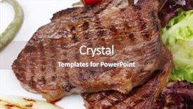  Presentation with meat food - Slide set consisting of meat food two roast steak boneless with red and chili peppers served on green lettuce salad on dish isolated over white background background and a tawny brown colored foreground