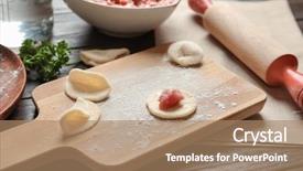  Presentation with raw meat - PPT layouts having meat for dumpling on wooden background and a coral colored foreground
