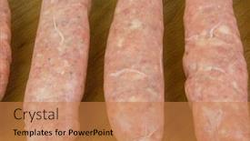  Presentation with sausages - PPT theme enhanced with meat frozen semi-finished for friing sausages background and a coral colored foreground