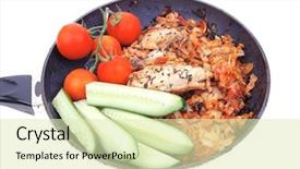  Presentation with grilled chicken - Colorful presentation design enhanced with meat grilled chicken fillet cooked with vegetables on ceramic pan isolated over white background backdrop and a soft green colored foreground