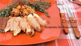  Presentation with cutlery - Amazing theme having meat grilled chicken fillet with salad and tomatoes on red plate over wooden table with cutlery on lunch time backdrop and a coral colored foreground