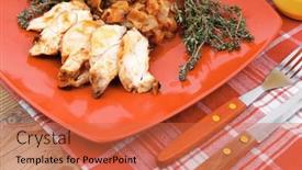  Presentation with cutlery - Slide deck featuring meat grilled chicken fillet with salad and tomatoes on red plate over wooden table with cutlery on lunch time background and a red colored foreground